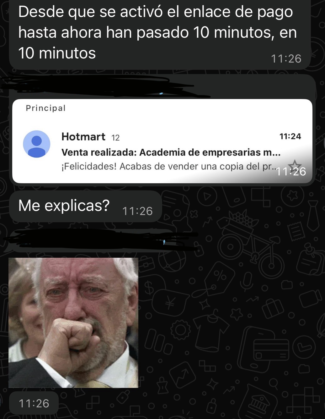 Captura de WhatsApp con una notificación de venta en Hotmart poco después de activar un enlace de pago